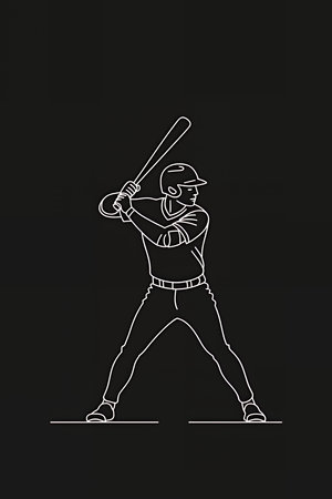 Silhouette of a baseball athlete line drawing on black background. Clean line art style minimalist illustration.の素材