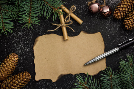 Spruce branches on a dark vintage wooden background. christmas conceptの写真素材