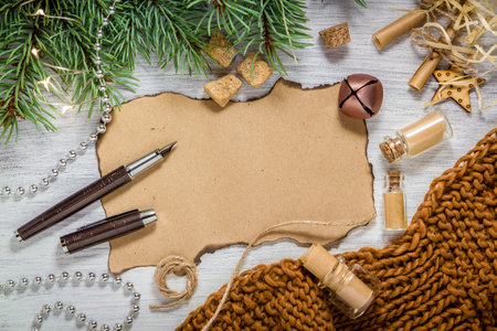 Spruce branches on a dark vintage wooden background. christmas conceptの写真素材