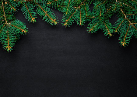 Spruce branches on a dark vintage wooden background. christmas conceptの写真素材
