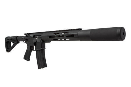Modern automatic rifle isolated on white background. Weapons for police, special forces and the army. A carbine with silencer on a white background.の写真素材