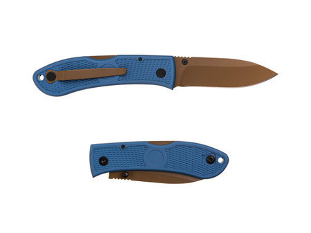 Pocket folding knife isolate on white background. Compact metal sharp knife with a folding blade.の写真素材