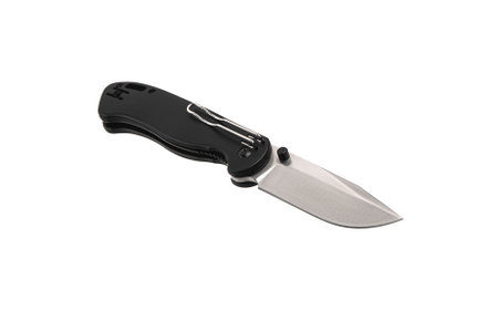 Pocket folding knife isolate on white background. Compact metal sharp knife with a folding blade.の写真素材