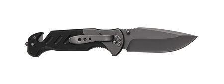 Pocket folding knife with sling cutter and cullet. Compact metal sharp knife with a folding blade. Isolate on a white background.の写真素材