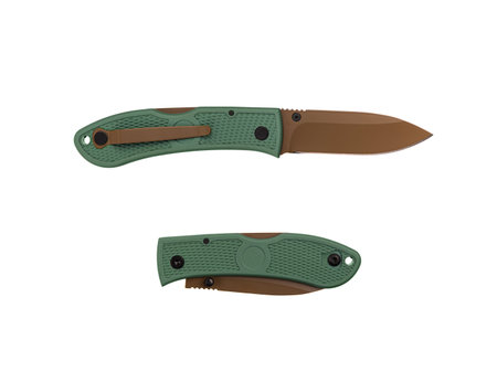 Pocket folding knife with green handle and khaki blade. Compact metal sharp knife with a folding blade. Isolate on a white background.の写真素材