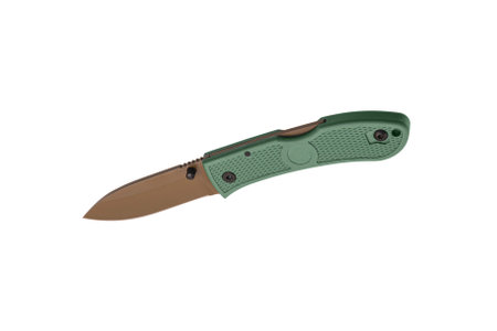 Pocket folding knife with green handle and khaki blade. Compact metal sharp knife with a folding blade. Isolate on a white background.の写真素材