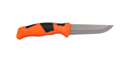 Modern hunting knife with silver blade and rubber handle. Steel arms. Isolate on a white background.の写真素材