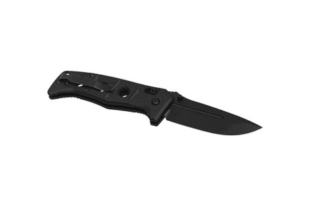 Khaki pocket folding knife. Compact metal sharp tactical knife with a folding blade. Isolate on a white background.の写真素材