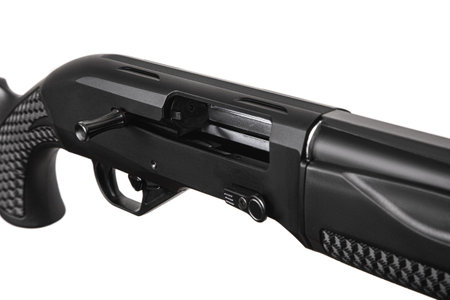 Modern semi-automatic shotgun. Weapons for sports and hunting. Black weapon isolated on white background.の写真素材