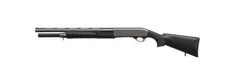 Pump-action 12 gauge shotgun isolated on a white background. A smooth-bore weapon with a plastic stock.の写真素材