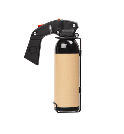 Large spray can with isolate on a white background. Black spray bottle with colored button. Pepper spray for self defense.の写真素材