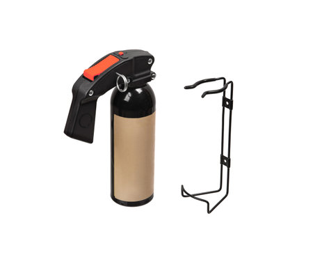 Large spray can with isolate on a white background. Black spray bottle with red button. Pepper spray for self defense.の写真素材