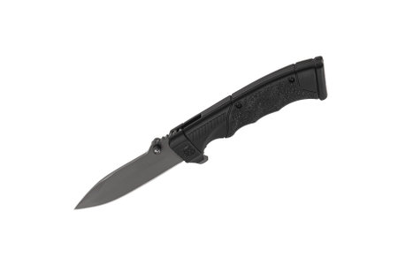 Pocket folding knife isolate on white background. Compact metal sharp knife with a folding blade.の写真素材