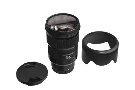 Modern lens with a focal length of 50 mm and aperture f 1.4 isolate on a white background.の写真素材