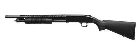 Pump-action 12 gauge shotgun isolated on a white background. A smooth-bore weapon with a wooden stock.の写真素材