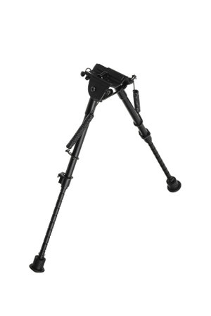Modern metal folding bipod for a rifle or carbine. A device for the convenience of shooting. Isolate on a white background.の写真素材