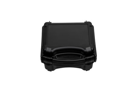 Black plastic container with foam inside for safe storage and transportation of fragile and expensive items. Sturdy plastic case. Isolate on a white background.の写真素材