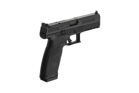 Modern semi-automatic pistol isolate on a white background. Armament for the army and police. Short-barreled weapon.の写真素材