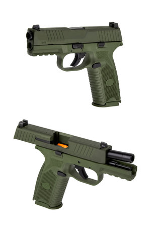 Modern semi-automatic pistol isolate on a white background. Armament for the army and police. Short-barreled khaki weapon.の写真素材