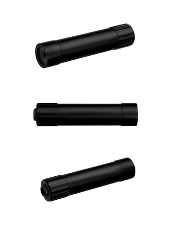 Black silencer for weapons. Suppressor that is at the end of an assault rifle. Isolate on a white background.の写真素材