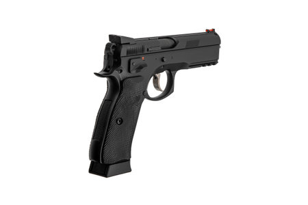 Modern semi-automatic pistol isolate on a white background. Armament for the army and police. Short-barreled weapon.の写真素材