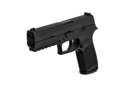 Modern semi-automatic pistol isolate on a white background. Armament for the army and police. Short-barreled weapon.の写真素材