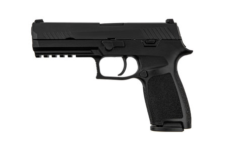 Modern semi-automatic pistol isolate on a white background. Armament for the army and police. Short-barreled weapon.の写真素材