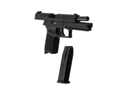 Modern semi-automatic pistol. A short-barreled weapon for self-defense. Arming the police, special units and the army. Isolate on a white background.の写真素材