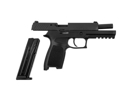 Modern semi-automatic pistol. A short-barreled weapon for self-defense. Arming the police, special units and the army. Isolate on a white background.の写真素材