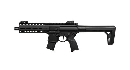Modern air rifle. Pneumatic replica of the m4 carbine. A copy of the weapon with mechanical sights. Isolate on a white background.の写真素材
