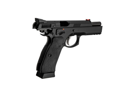 Modern semi-automatic pistol isolate on a white background. Armament for the army and police. Short-barreled weapon.の写真素材
