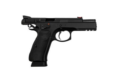 Modern semi-automatic pistol isolate on a white background. Armament for the army and police. Short-barreled weapon.の写真素材