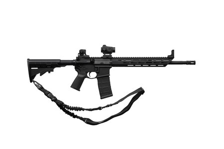 Modern automatic rifle isolated on white background. Weapons for police, special forces and the army. A carbine with red dot sight and silencer on a white background.の写真素材