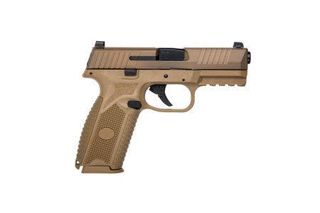 Modern semi-automatic pistol isolate on a white background. Armament for the army and police. Short-barreled coyote-colored weapon.の写真素材