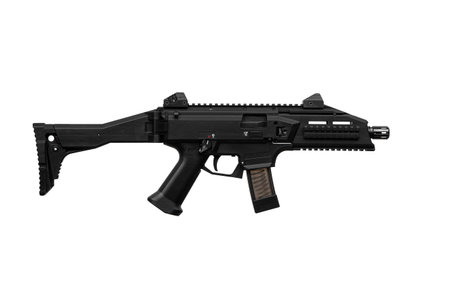 A modern automatic carbine chambered for 9mm pistol caliber. Weapons for the police, army and special units. Isolate on a white background.の写真素材