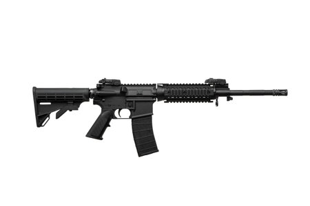 Modern automatic rifle isolated on white background. Weapons for police, special forces and the army. Automatic carbine with mechanical sights. Assault rifle on white back.の写真素材