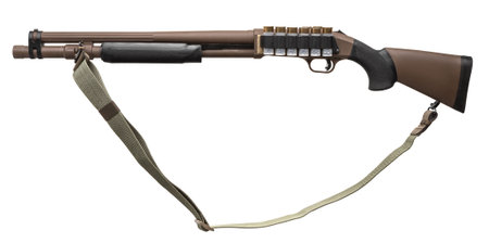 Pump-action 12 gauge shotgun isolated on a white background. Close-up shot of part of a shotgun. A smooth-bore weapon with a plastic stock.の写真素材