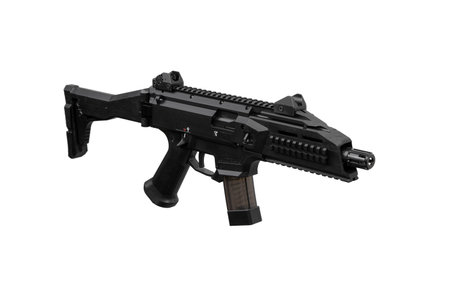 A modern automatic carbine chambered for 9mm pistol caliber. Weapons for the police, army and special units. Isolate on a white background.の写真素材