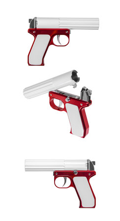 Signal flare gun isolated on white background. A flare gun to signal a distress signal or indicate a location.の写真素材