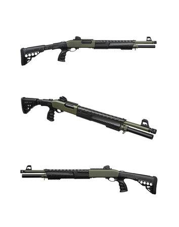 Pump-action 12 gauge shotgun isolated on a white background. A smooth-bore weapon with a plastic stock.の写真素材