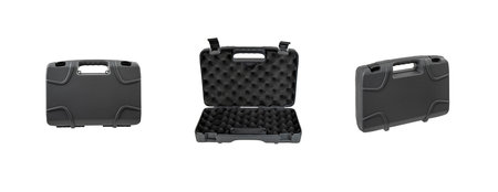 Black plastic container with foam inside for safe storage and transportation of fragile and expensive items. Sturdy plastic case. Isolate on a white background.の写真素材