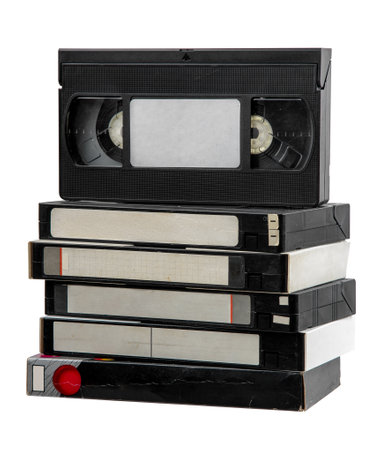 Pile of VHS video cassettes. vintage media. Isolate on a white background.の写真素材