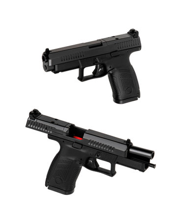 Modern semi-automatic pistol isolate on a white background. Armament for the army and police. Short-barreled weapon.の写真素材