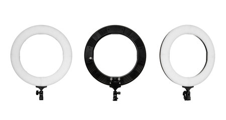 Close up of circular neon LED lamp. Popular modern light for make-up and beauty portraits. Isolate on a white background.の写真素材