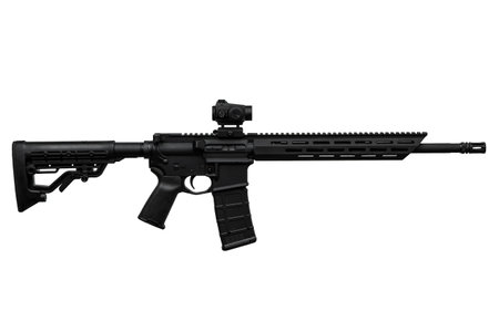 Modern automatic rifle isolated on white background. Weapons for police, special forces and the army. A carbine with red dot sight and silencer on a white background.の写真素材