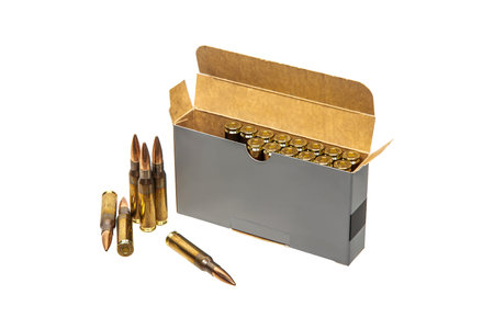 open ammo box. Cartridges for rifle and carbine. Isolate on a white background.の写真素材