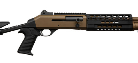 Modern semi-automatic shotgun. Tactical smoothbore weapon 12 caliber. Armament of the army, police and special units. isolate on white background.の写真素材