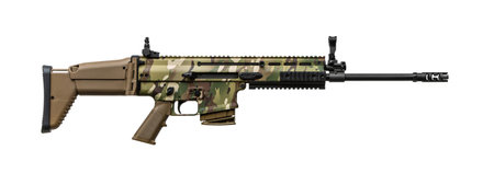 Modern automatic rifle isolated on white background. Weapons for police, special forces and the army. Automatic carbine with mechanical sights. Camouflage assault rifle isolate on white.の写真素材