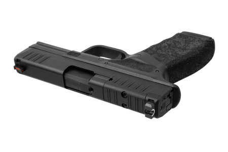 Modern semi-automatic pistol isolate on a white background. Armament for the army and police....