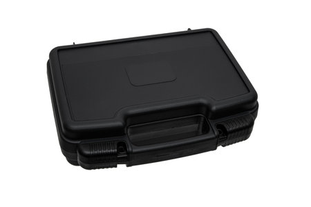 Black plastic container with foam inside for safe storage and transportation of fragile and expensive items. Sturdy plastic case. Isolate on a white background.の写真素材